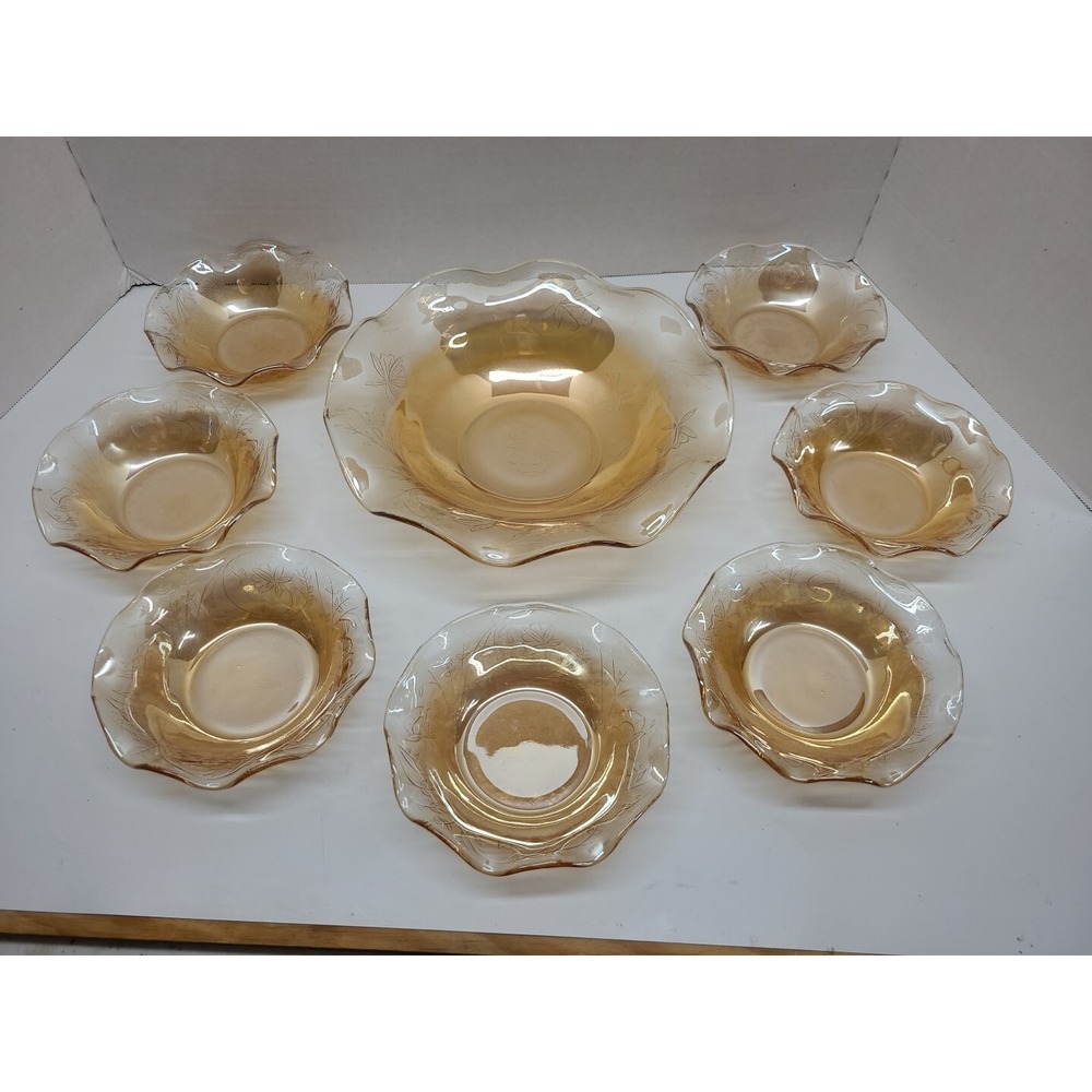 Vtg Depression Glass Jeannette‎ Floragold Fluted Serving Dish and 7  Bowls